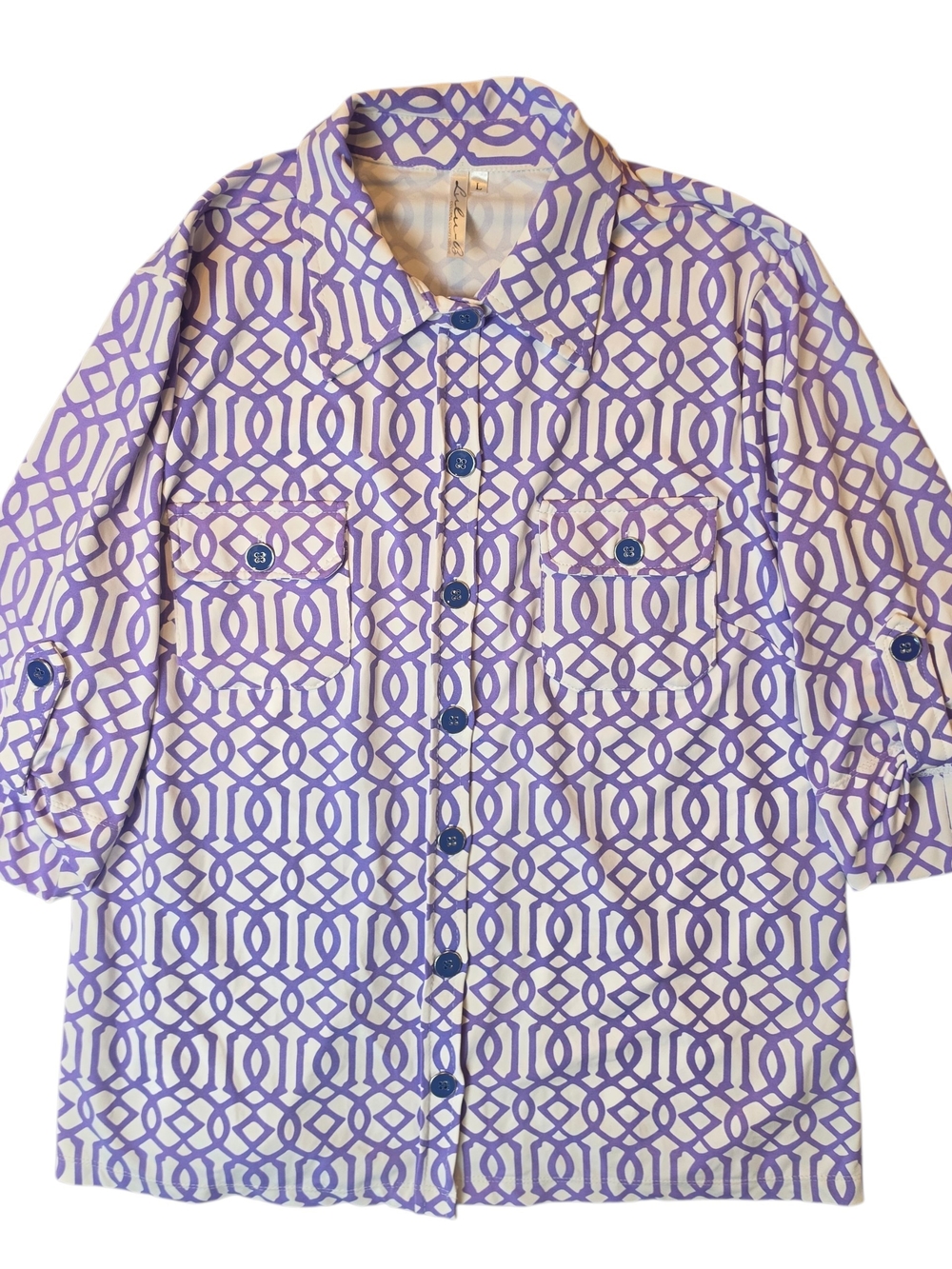 Lulu-B Womans Large Purple Geometric Lattice Button Down Shirt Roll Tab Sleeve
